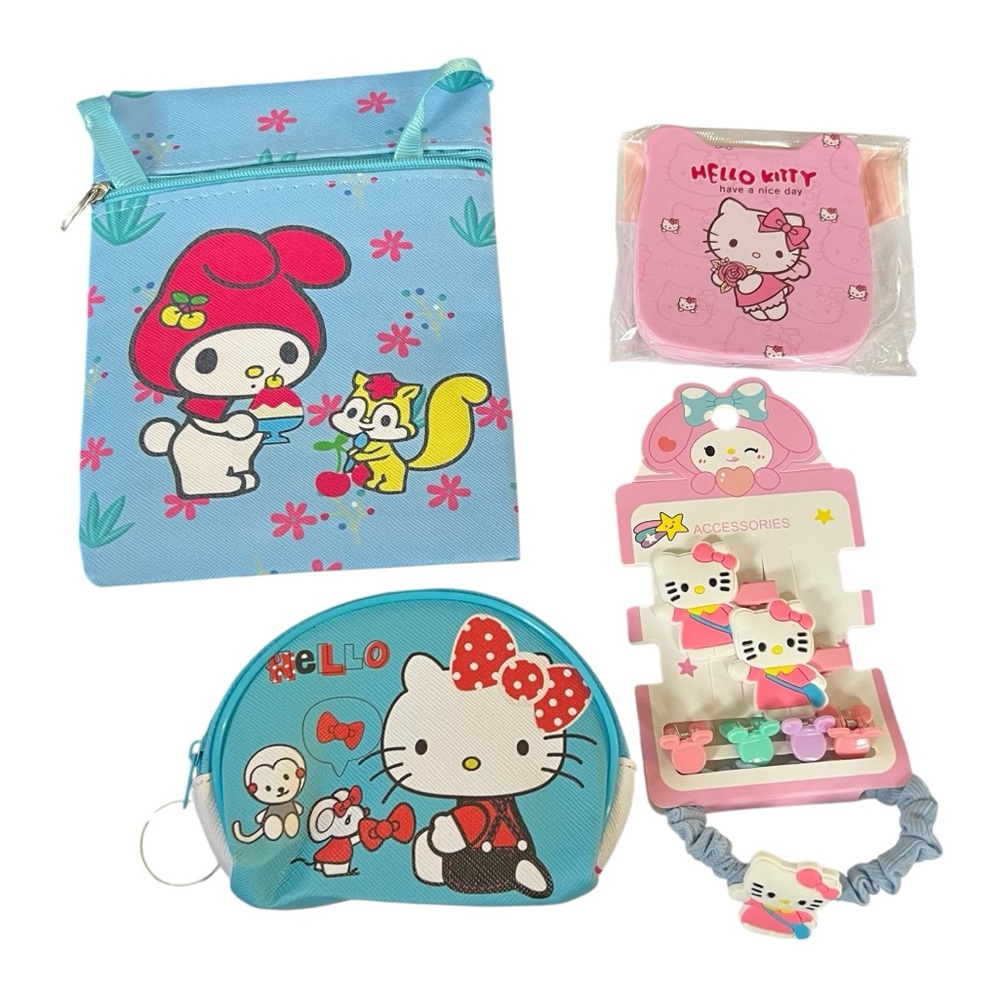 Hello Kitty My Melody - Girls 4pc Crossbody, Mirror Compact W/Comb, Hair items